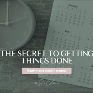 Photo of Dr. Cherine's printable weekly and monthly planner in english language for women, with the calendar and watch visible in the background.