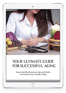 Photo of an iPad showing the cover page of Dr. Cherine's e-book "Ultimate Guide to Successful Aging", with Dr. Cherine's photo visible on the screen.