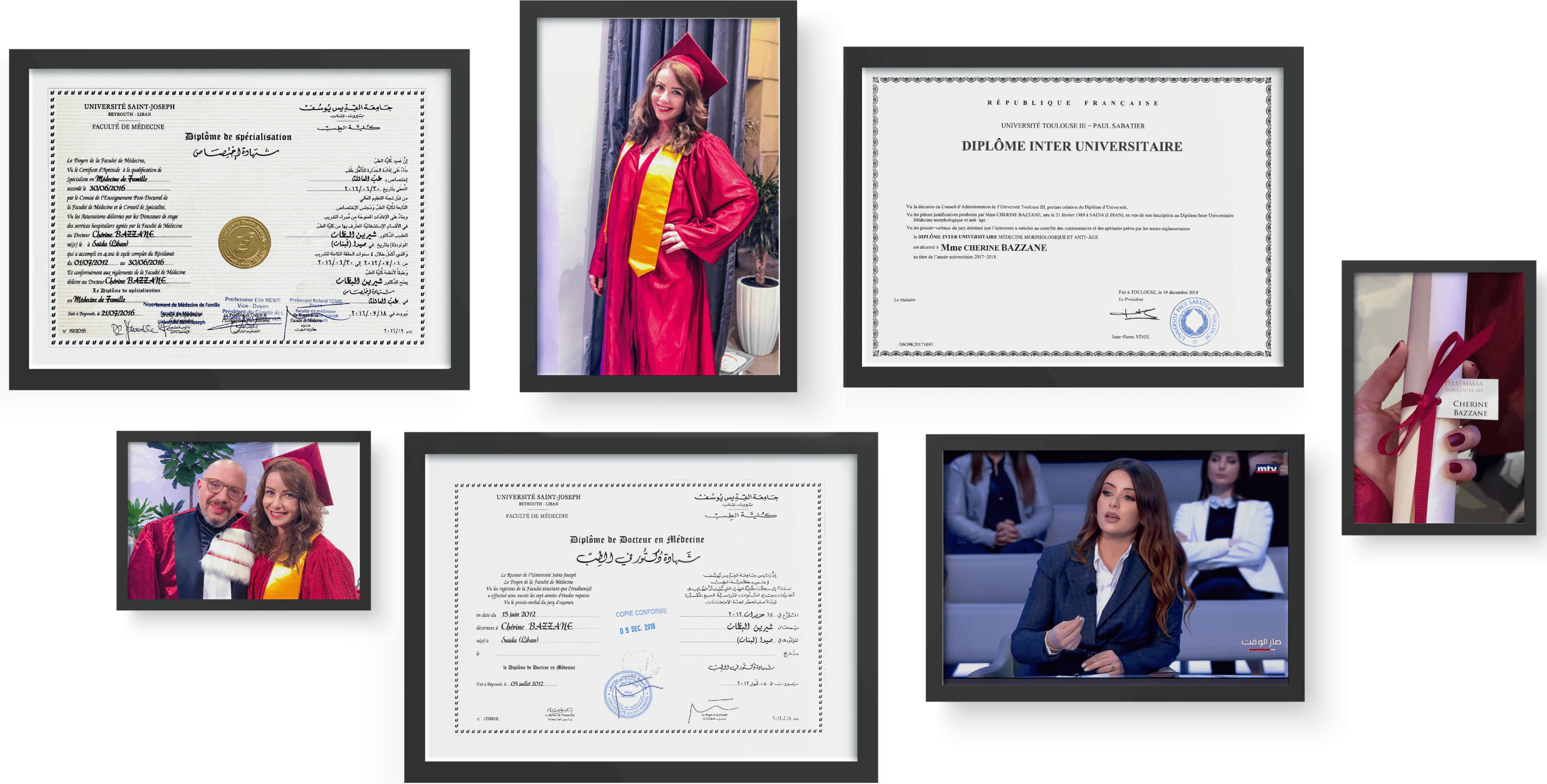 Display diploma and photo of Dr. Cherine in a TV interview, in the graduation party on the wall of her office, highlighting her expertise in functional medicine