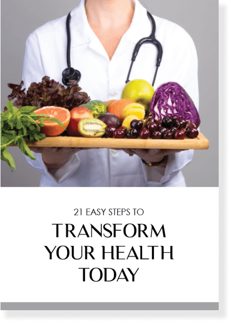 A hand hold plat of vegetable and fruit that present the article of transform your health today written by Dr. Cherine